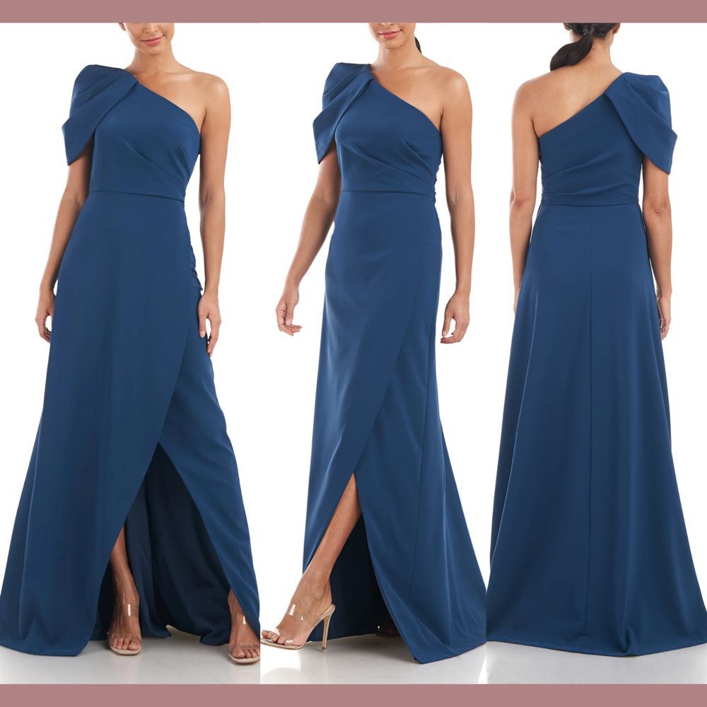 NEW‎ $298 Kay Unger [ 16 ] Briana One Shoulder Draped Gown in Ink Blue #Q876